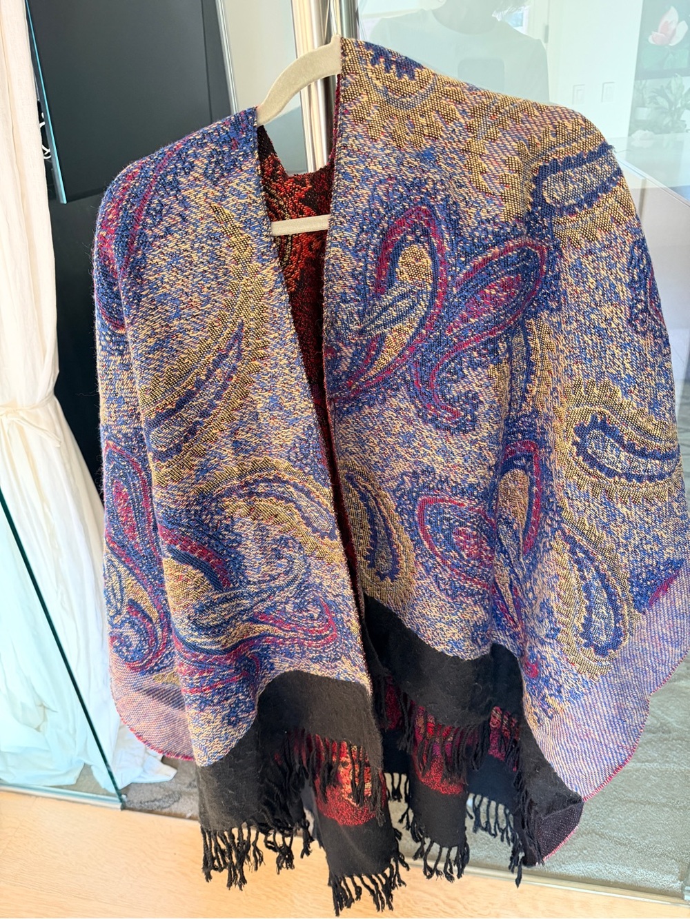 Paisley Fringe Reversible Shawl Wrap in Rich Red and Black & Blue and Yellow - Picture 5 of 9